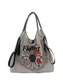 1 件时尚百搭刺绣花卉撞色手提包，轻便通勤尼龙可折叠购物袋 - 彩色 - 查看 10