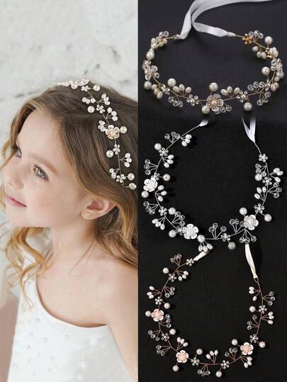 1 pieza Diadema elegante y dulce con flores, perlas falsas y rhinestones, adecuada para niña de las flores, actuaciones escolares, salidas, fotografía, uso diario, fiestas de cumpleaños, baile, accesorios de moda versátiles para el cabello de niñas