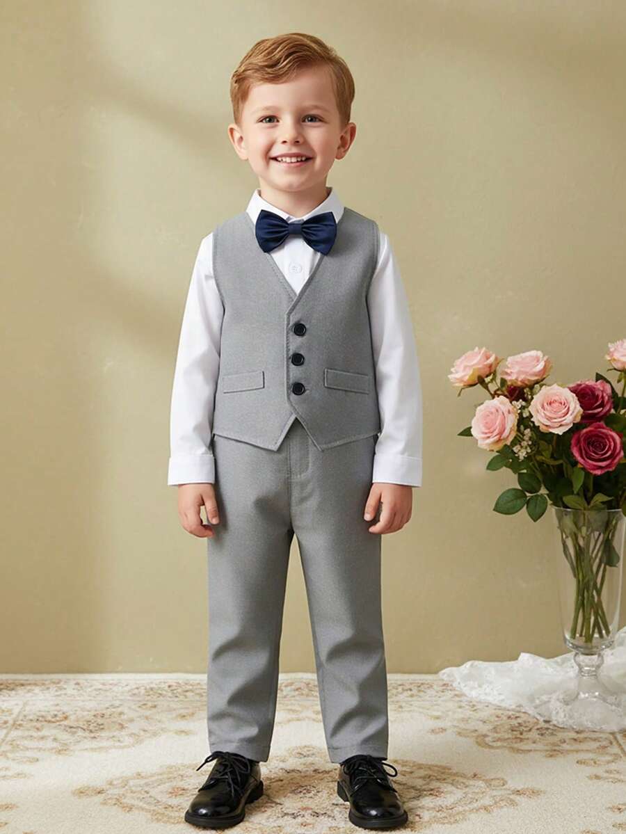 BOARNSEORL 三件套男童绅士套装 - 白色衬衫配领结、灰色马甲和裤子，时尚休闲套装，适合生日派对、婚礼、庆典等场合。 - 灰色 - 查看 1