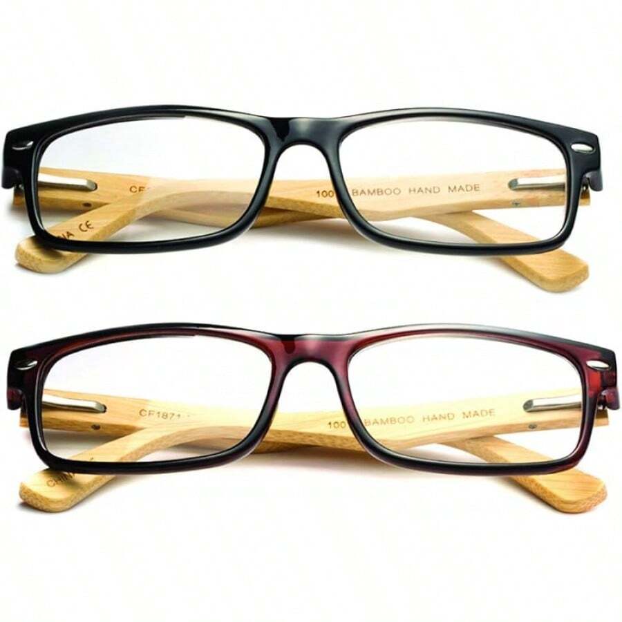 Lens Rectangle Frame Non Prescription Glasses - Fashion - 2 件裝竹製黑棕色 - 查看 1