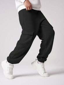 1pc Tween Boys Casual Loose Outdoor Sports Workout Side Pocket Straight Leg Thermal Lined Warm Sweatpants, Autumn/Winter