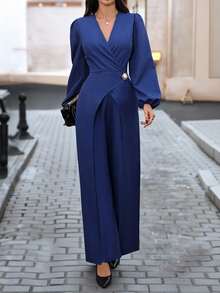 Women's Christmas Jumpsuit,Elegant Commuter & Daily Wear European & American Style, Bestselling Faux Denim Fabric, Overlapping 2 In 1 Design,V-Neck Pleated Solid Long Sleeve Jumpsuit