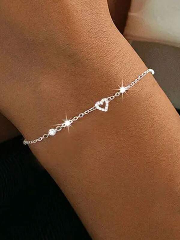 1pc S925 Sterling Silver Minimalist Hollow Heart Zirconia Bracelet, Fashionable Small Heart Rhinestone Inlaid Bracelet, Delicate Daily Wear Friendship Gift For Women