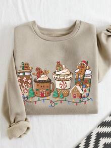 LOVE JOYY Sudadera casual de cuello redondo de manga larga con estampado de pan de jengibre para mujer de talla grande, otoño/invierno