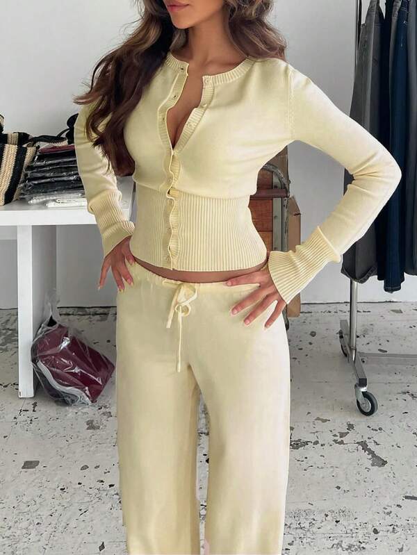 Women's Casual Fashion Round Neck Long Sleeve Waist Fitted Knit Cardigan Paired With Loose Wide Leg Knit Pants, Light Yellow Set, Early Autumn