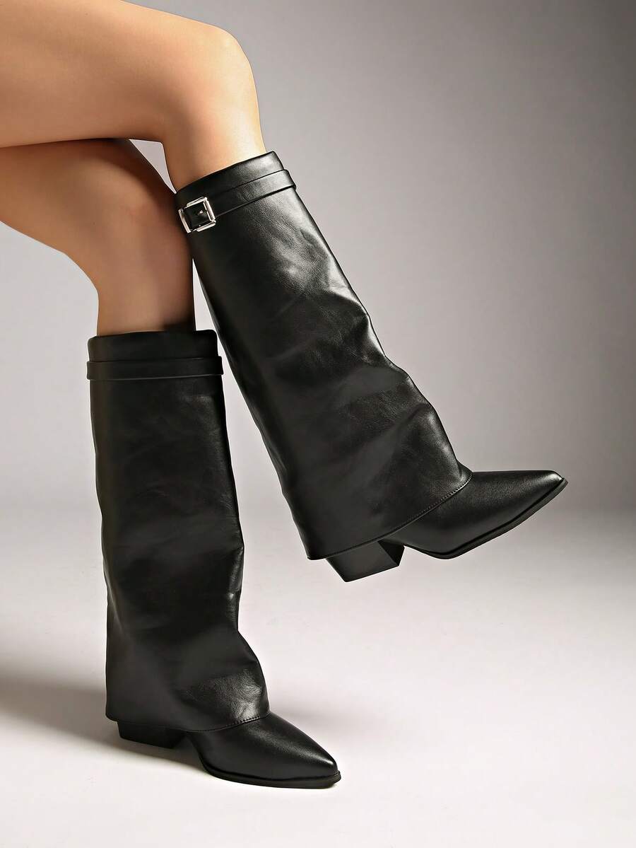 法式修身高跟过膝长靴，秋冬新款时尚复古裤腿长靴 - 黑色 - 查看 1