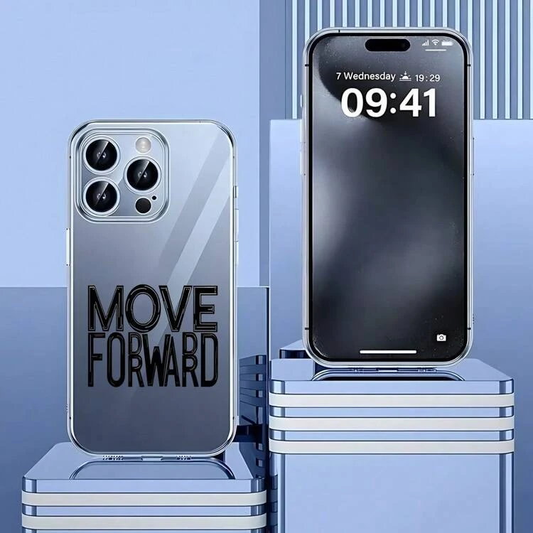 Carcasa transparente de teléfono móvil de moda Cubierta de teléfono transparente para iPhone 14 Pro Max con texto MOVE FORWARD en negro diseño minimalista elegante protección completa para uso diario y viajes Para teléfonos Galaxy de Apple - transparente - Añade 1