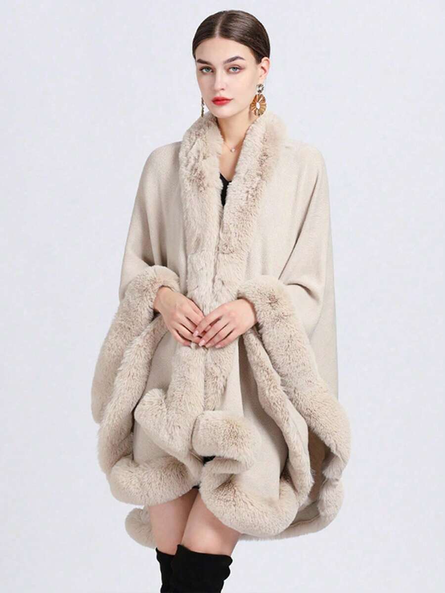 1pc Women's Solid Color Soft Faux Fur Windproof Warm Shawl Cardigan, High-End Elegant Plus Size Poncho Suitable For Daily Wear, Party, Vacation, Outdoor, And Home