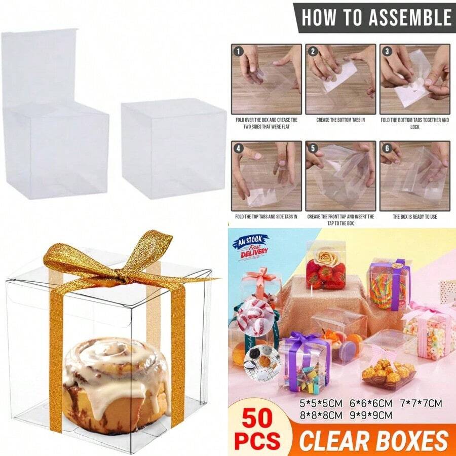 50 Clear PVC Macaron Boxes Transparent Square Cube Favour Packaging For Wedding Candy Chocolate Small Gifts Flat Pack Easy Assembly