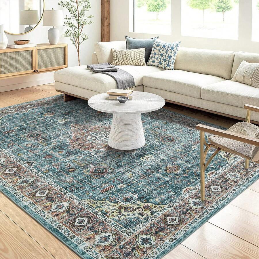 Maschinenwaschbarer Vintage-Teppich, rutschfest, fusselfrei, ultraweich, Überwurf, Bodenbelag, Blumenmuster, niedriger Flor, faltbarer Innenteppich für Wohnzimmer, Schlafzimmer, Esszimmer, Spielzimmer, Kinderzimmer, Wohnheim - braungrün - Übersicht 1