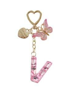 1pc Shiny Pink Rhinestone 26 Alphabet Letter Keychain, With Heart Tag Butterfly Metal Heart Charm Pendant, Creative Fashion Women Backpack Decor, Party Gathering Stylish Gift, Anniversary, Valentine's Day, Christmas Gift For Friends, Family, Teachers Bag Charms Car Accessories Sister Gift Ideas