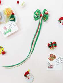 Set de accesorios para el cabello navideños: Lazo con estampado de Papá Noel + Pasadores a juego con detalles de cuentas plateadas, decoración llamativa para fiestas y reuniones festivas