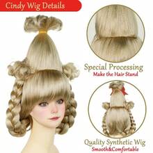 Blonde Braided Wig With Red-Bow Earrings Christmas Cindy Wig With Accessories For Halloween Christmas Costume Party - 金髮辮子 - 查看 4