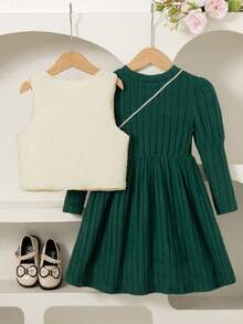 2pcs/Set Girls Casual Outfits, Sleeveless Top With Bow Decor And Long Sleeve Knee-Length Dress, Fashion Suit For Spring, Autumn And Winter - Green - View 2