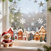 1 pieza Decoración navideña para ventana, Patrón de casa de Papá Noel y bosque, Pegatina de vinilo con adherencia estática, Calcomanía removible para vidrio, Fácil de aplicar, Decoración del hogar - Multicolor - Ver 6
