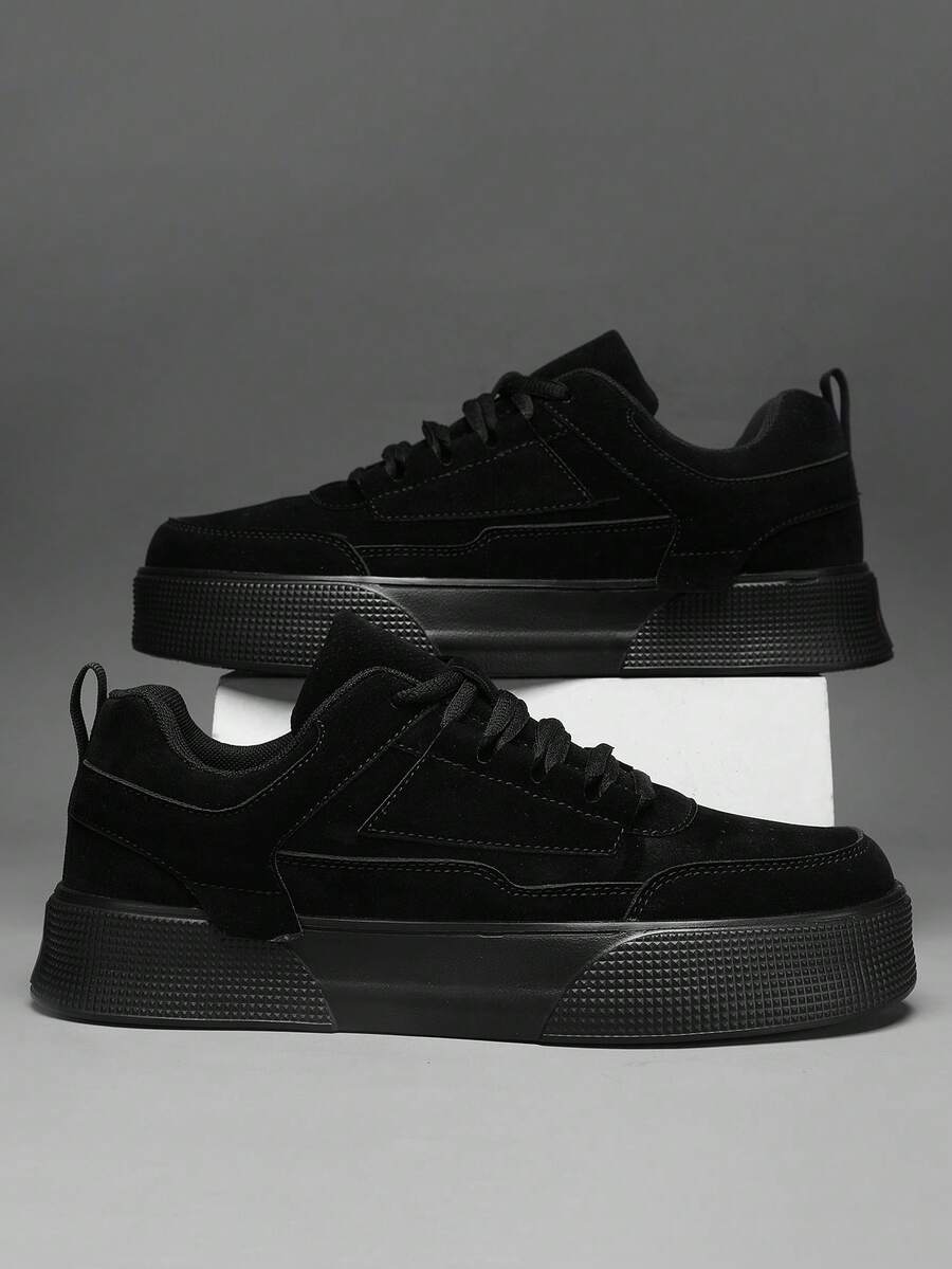 Men's Fashion All-Black Leather Patchwork Front Lace-Up Flat Design Casual Sneakers, Niche Versatile Outdoor Comfortable Low-Top Sports Shoes, Plus Size Couple Shoes, For Active Jeans Outfit
