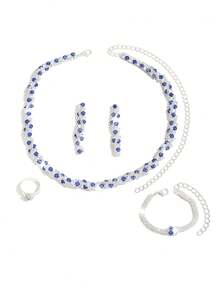 Juego de joyería de 5 piezas de lujo con cristal y circonita cúbica para mujeres, collar y aretes de ojo azul malvado, pulsera, combinación de anillo, noble y elegante, y versátil, el mejor accesorio para bodas, fiestas y todas las ocasiones - Juego de accesorios de 5 piezas - Ver 11