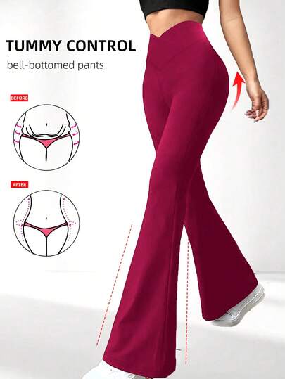 Pantalones acampanados con cintura cruzada para mujer, pantalones deportivos y de yoga de unicolor de poliéster de alta elasticidad, pantalones casuales largos con cintura cruzada, leggings ajustados de unicolor aptos para todo tipo de ejercicio, pantalones de pierna ancha de tejido de punto aptos para actividades físicas y tiempo libre