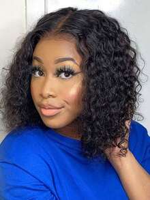 QVR QUEEN VIRGIN REMY QVR T Part Curly Bob Lace Front Wig Human Hair Middle Part Jerry Curly Bob Lace Wigs Pre Plucked With Baby Hair Water Wave Bob Lace Wig - Black - View 1