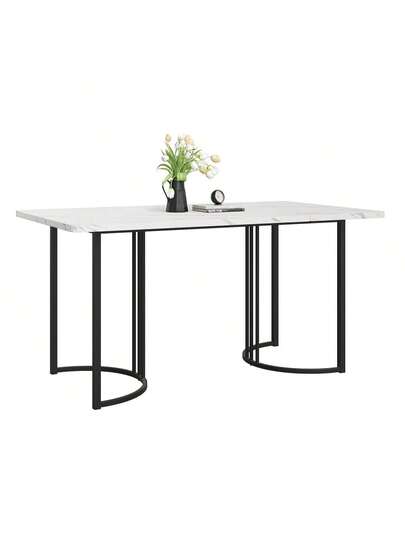 Dining Tafel 140 80 Cm (1 Piece), Moderne Kitchen Table, Metal Frame Rectangular Bloemen Pattern, Adjustable Legs Room Living Room, White/Black view 2
