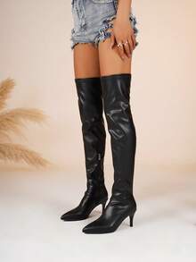 2025 Autumn/Winter New Pointed Toe High Heel Elastic Thigh High Boots, Slim Fit Side Zipper Versatile Tall Boots - Black - View 3