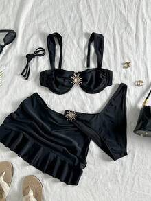 Conjunto de bikini de 3 piezas de unicolor, diseño de tirantes anchos con aros para un soporte cómodo, creando un estilo de playa de moda, perfecto para la playa y fiestas en la piscina en verano