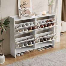Modern Shoe Rack With 4 Fold-Out Compartments, Free-Standing Shoe Rack, Open Shelves, Suitable For Entryway Or Hallway, White, Dimensions: W. 110/H. 90/D. 24 Cm - 白色 - 查看 6