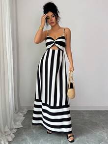 Women's Casual, Elegant & Daily Striped Smocked Backless Camisole Long Dresses For Travel, Vacation, Summer, Spring-Summer & Valentine's Day - Black and White - View 5