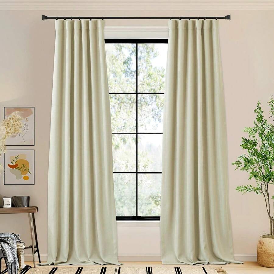 2025 Bedroom Curtains 2 Panels Sets Faux Linen Textured, Pinch Pleated Room Darkening Light/Heat Blocking Window Drapes Thermal Insulated For Living Room, Angora, W50 X L108, 2 Panels - 鉤腰帶 | 米色 - 查看 1