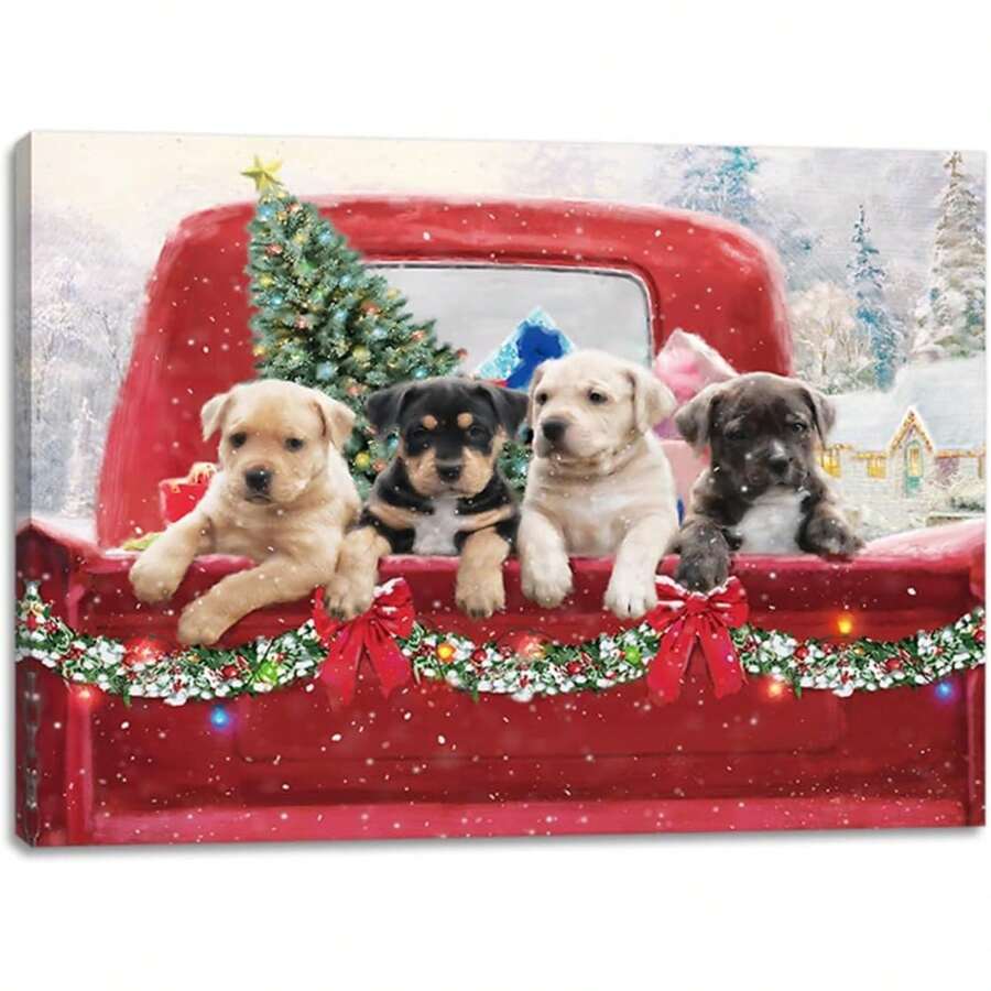 2025 Christmas Canvas Wall Art Print 12" X 16" With Timer | LED Lighted Design - Anjing Lab Truk Merah - View 1