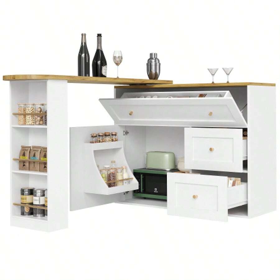 Extendable Bar Table With Storage Space (138-204*39*105cm), Kitchen Cabinet, Sideboard With Snack Shelf, Telescopic Bar Table, High Table, Bistro Table, High Table, Kitchen Island, White - White - View 1