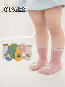 6 Pairs Kids Cartoon Animal Pattern Anti-Slip Grip Sole Mid-Calf Socks - Multicolor - View 6