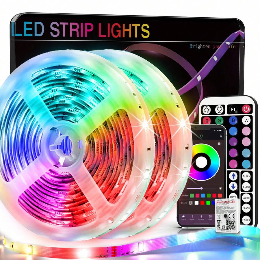 Tiras de luces LED de 4,8 a 30,5 m para decoración de dormitorios. Luces LED que cambian de color con control remoto de 44 teclas y aplicación. Sincronización de música, ajuste de tiempo y brillo ajustable. Luz nocturna para decoración del hogar, sala de estar, sala de juegos, cocina, retroiluminación de TV, decoración de Navidad y Halloween, regalos navideños. - Multicolor - Ver 1