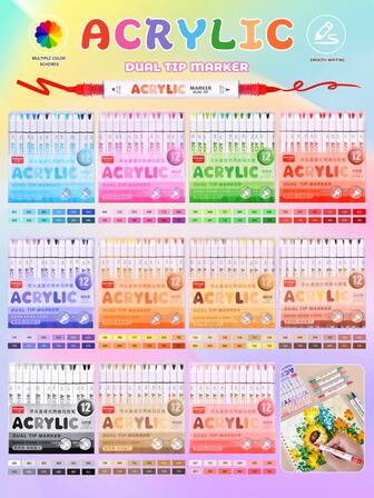 GuangNa 12-Colour Dual-Tip Acrylic Markers With Automatic Ink Control System, Featuring Soft And Chisel Tips. Dual-Purpose Markers Ideal For Large-Area Colouring, Rock Painting, Ceramics, Wood, Plastic, Calligraphy, Scrapbooking, Card Making And DIY Crafts. Suitable For Christmas Gifts.