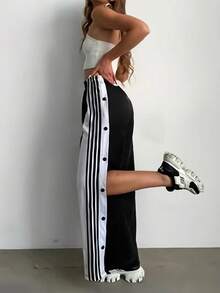White And Navy Blue Striped Wide Leg Pants, White Stripes, Button Front - Casual Sweatpants, Loose Fit, Suitable For Sports & Everyday Wear (Machine Washable) - Non-Elastic Leg Openings - Black - View 2