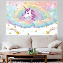 1件全新独角兽装饰背景布，亮丽涤纶纤维魔法独角兽图案 | 彩虹花朵和梦幻森林场景，适用于家居装饰、墙面装饰、房间装饰、派对装饰、摄影工作室装饰背景布、淋浴背景墙、电话亭和婴儿洗礼主题派对 - 耐用、易悬挂且可重复使用的横幅 - 彩色 - 查看 2