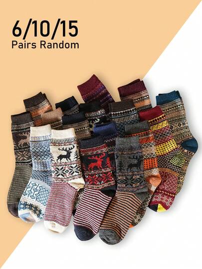 6/10/15 Pairs Random Autumn/Winter Thickened Warm Wool Blend Mid-Calf Socks For Men & Women