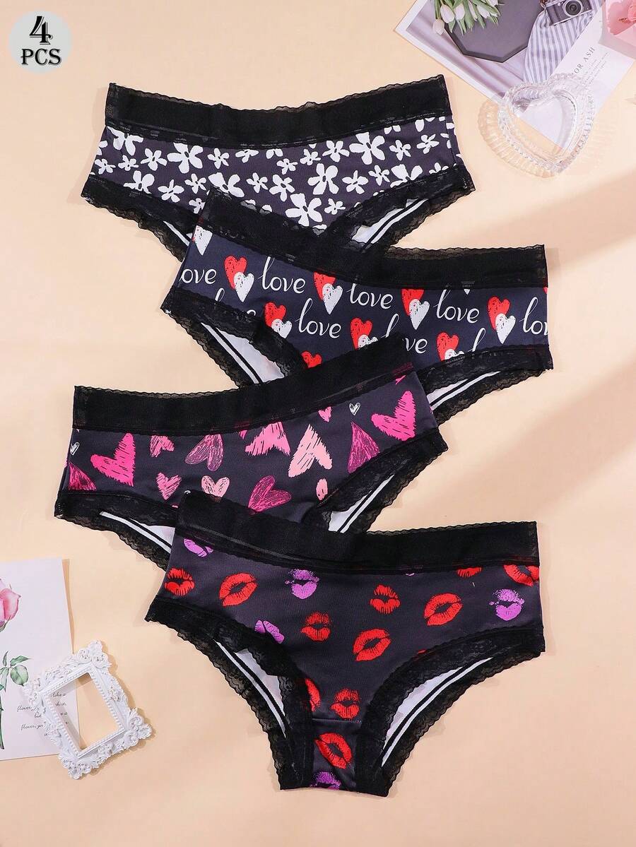 Morvia 4条装性感女士撞色蕾丝低腰三角裤，舒适可爱低腰蕾丝边三角裤，印花爱心、红唇和花卉图案，女士内衣裤 - 彩色 - 查看 1
