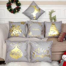 Tatuo 6 Fundas de Almohada Navideñas para Decoraciones Navideñas, Fundas de Almohada para Sofá, Navidad, Oficina, Dormitorio (Tan, 18 x 18 pulgadas) - Gris, Dorado - Ver 4