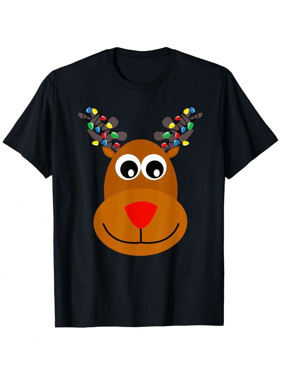 Camiseta de Navidad de Reno y Rudolph de Nariz Roja para Niños y Niñas - 100% Tela Suave y Transpirable, Lavable a Máquina, Lindo Rudolph con Luces Parpadeantes, Astas y Estampado de Nariz Roja - Conjunto Casual Unisex de Cuello Redondo para Fiestas, Comodidad para Todas las Estaciones, Regalo de Navidad Ideal para y - Diseño Festivo de Santa Claus con Cara de Reno Juguetona, Nariz y Astas Rojas Vibrantes, Perfecto para Celebraciones de Navidad, Ropa de Niño, Camiseta Gráfica para Niño, Ropa de Adolescente, Ropa de Niño Antigua, Regreso a Clases, Camisa para Niño - Negro - Ver 1
