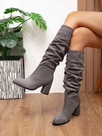 Botas altas hasta la rodilla con tacón apilado para mujer de otoño/invierno, botas de montar con tacón grueso y punta puntiaguda versátiles, botas de tobillo con tacón alto delgado y ajuste minimalista