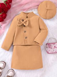 年轻女孩秋冬羊毛单排扣蝴蝶结衬衫和裙子两件套，配贝雷帽，时尚服装 - 棕色 - 查看 3