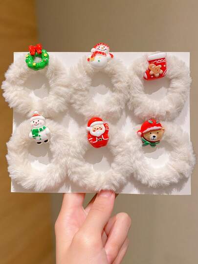 3/6件套圣诞发圈套装，包含圣诞老人、雪人、袜子、泰迪熊等装饰配件，采用毛绒材质，实用美观，节日风格可爱，适合圣诞节，是节日造型的理想礼物。