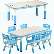 Juego de mesa y sillas para niños de 2 a 10 años, escritorio de manualidades con altura ajustable y 6 sillas, escritorio de grafiti con patas antideslizantes y organizador, ideal para aulas, guarderías y el hogar - Azul - Ver 2