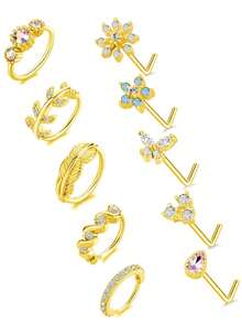 10Pcs Multi-Piece Fashion Versatile Silver, Gold & Rose Gold-Toned Cubic Zirconia Inlaid Floral, Feather Detail Nose Ring Set Unisex For Daily & Festival Celebration