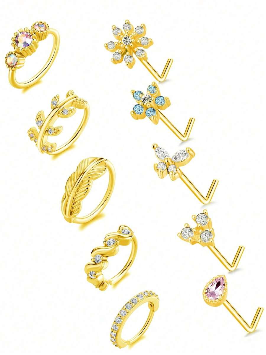 10Pcs Multi-Piece Fashion Versatile Silver, Gold & Rose Gold-Toned Cubic Zirconia Inlaid Floral, Feather Detail Nose Ring Set Unisex For Daily & Festival Celebration