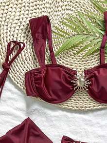 3 件纯色比基尼套装，宽肩带设计，带钢圈，舒适支撑，时尚沙滩装，适合夏季海滩和泳池派对