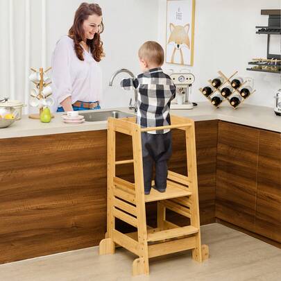 Kids Kitchen Step Stool Kids Standing Tower W/ Safety Rails Nature