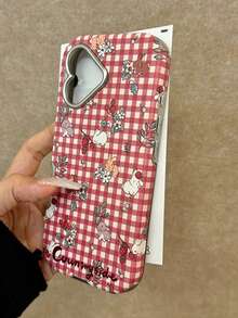 Fresh Red Plaid Cute Rabbit & Flower Phone Case Compatible With Iphone 16, 15, 14, 13, 16 Pro Max, 15 Pro, 16 Max, Heart-Shaped Camera, Full Coverage, Anti-Drop, Electroplated, Women's Style, Only Compatible With IPhone 16 And 17 - Red - View 6