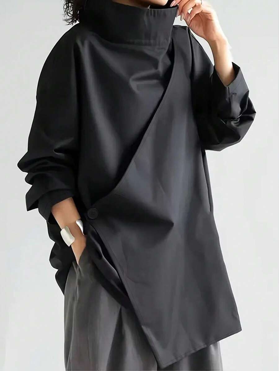 Suéter holgado de cuello alto casual para mujer, de tela tejida de unicolor, con decoración de botones, adecuado para la oficina, uso diario, vacaciones, primavera/otoño